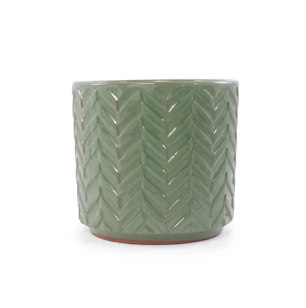 Vaso in ceramica mini Ø20 cm verde salvia lucido con rilievo a spina di pesce e foro di drenaggio