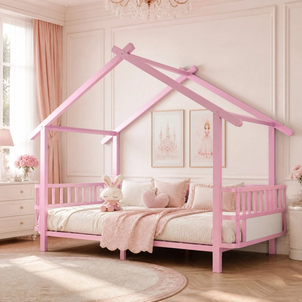 Letto per bambini in metallo rosa a casetta 90 x 200 cm con sponde di sicurezza