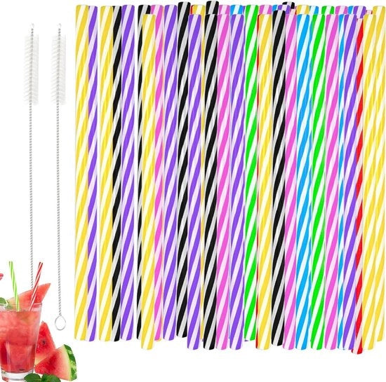 Riettes Reutilizzabili 60 Stuks Riette in Plastica Spessa con 2 Setole di Pulizia 7 Colori Cocktail Riette per Feste Succo Smoothie Latte Caffè 23 cm x 6.3 mm
