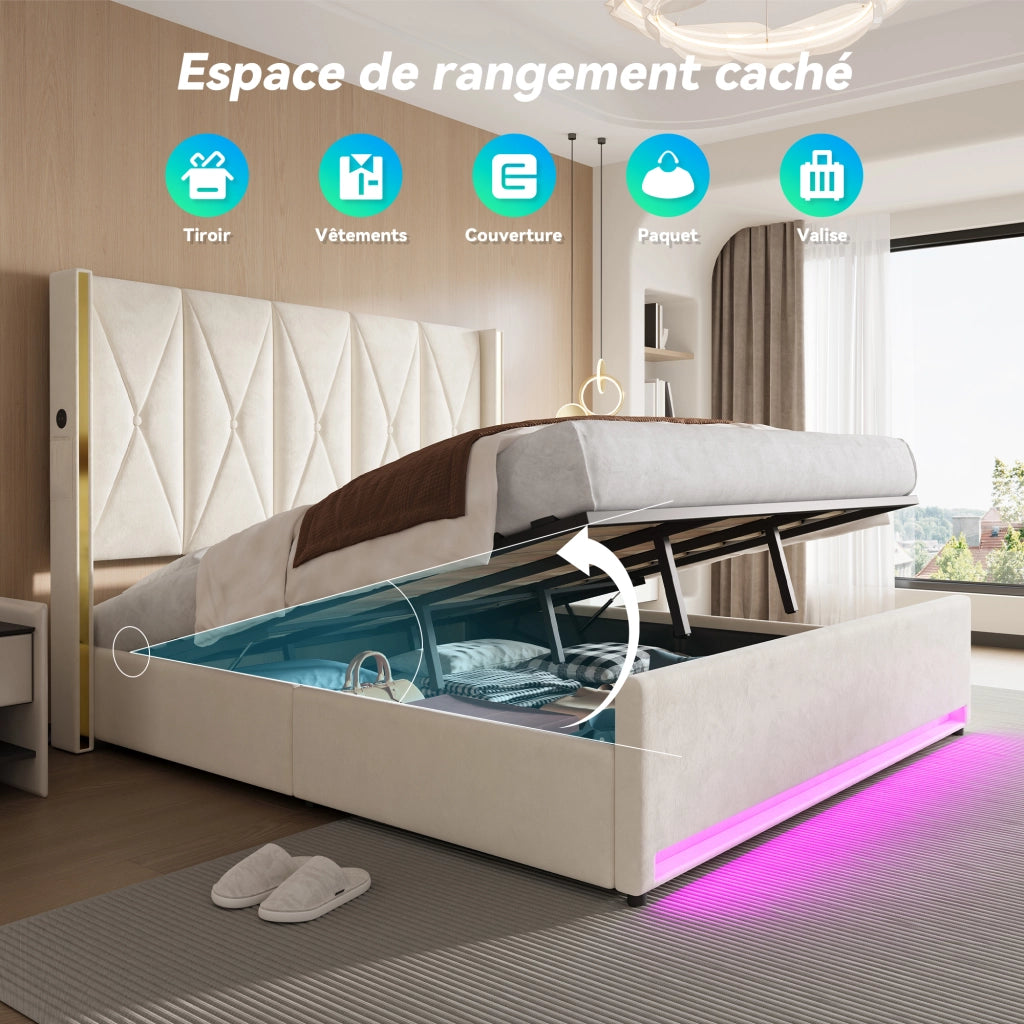 Letto matrimoniale 180x200 cm con vano contenitore; LED; USB e Type-C; velluto beige; testiera alta