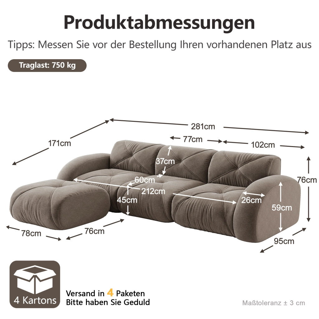 Divano modulare in chenille taupe senza telaio interno con schiuma 32D e configurazione flessibile