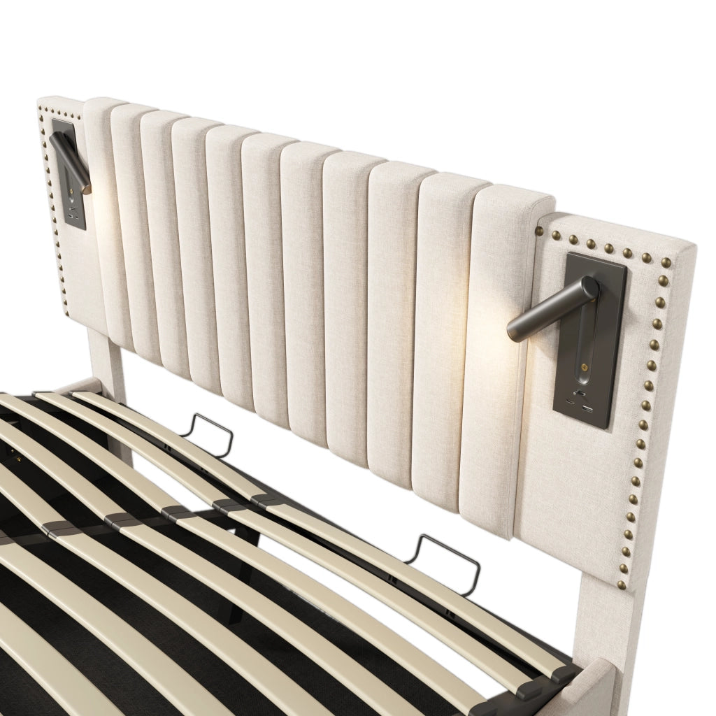 Letto contenitore imbottito beige 160x200 cm con luce da lettura