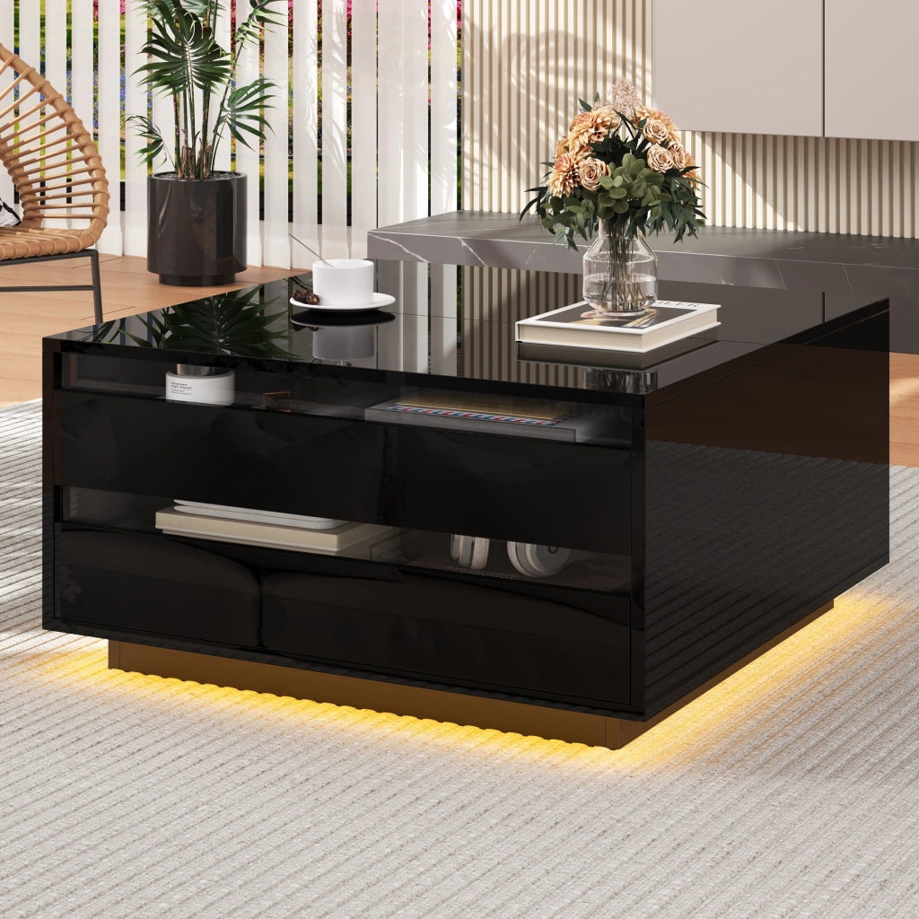 Tavolino da salotto elevabile con LED, cassetto e vano nascosto, finitura lucida nera in truciolare, 70 × 70 × 38 cm