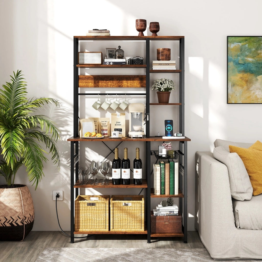 Scaffale da cucina stand per microonde a 6 ripiani con ripiani aperti, Scaffale da cucina con stazione di ricarica Marrone-Organizzazione della cucina