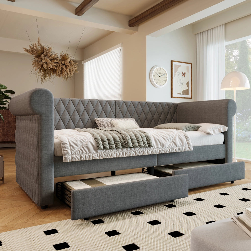 Materasso 90x200 cm con cassetti; testiera contenitore; Lino; Grigio