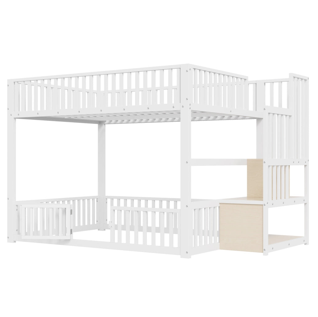Letto a castello 140x200 con scala contenitore e illuminazione LED, colore bianco