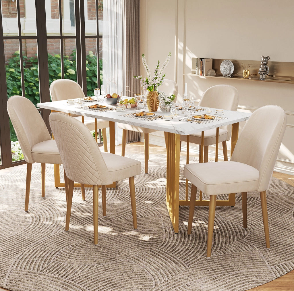 Set di 6 sedie da pranzo in velluto beige con gambe in metallo dorato; 45;5x62x87;5 cm