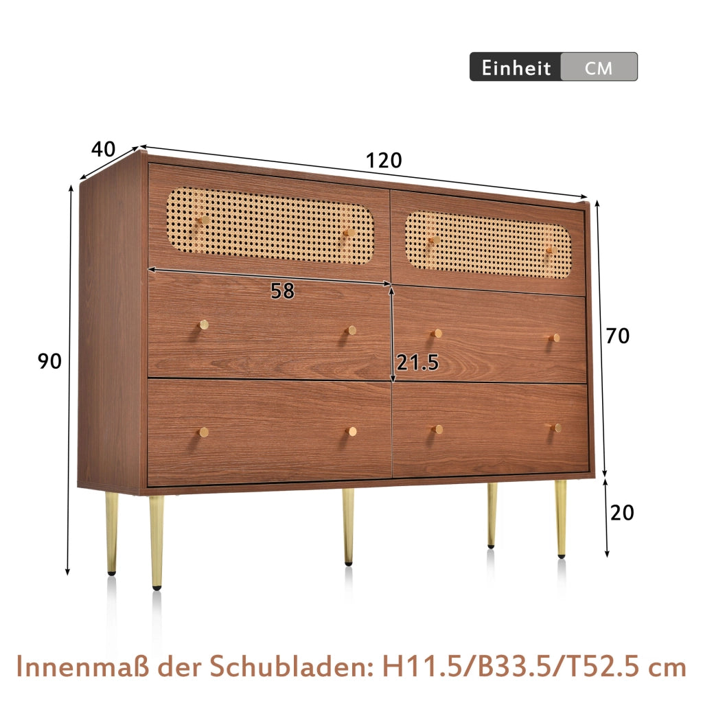 Cassettiera con 6 cassetti e 2 pannelli in rattan, finitura noce, per camera da letto, legno e metallo, 120 × 40 × 90 cm