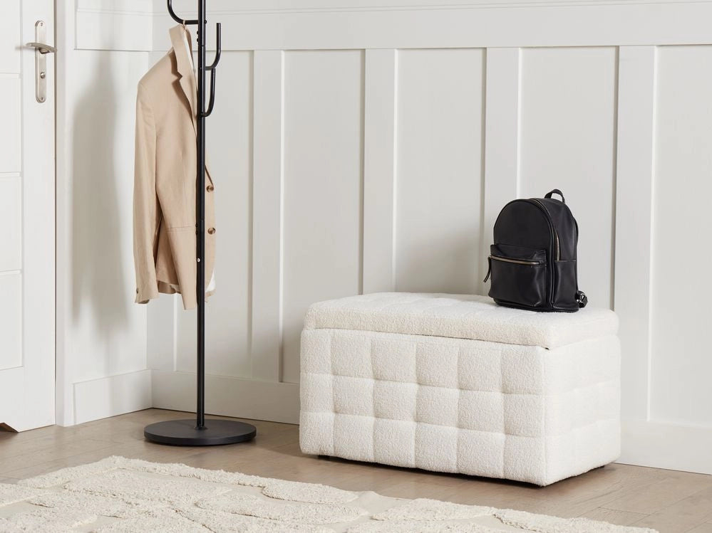 Panca per camera da letto con tappezzeria trapuntata in velluto bouclè bianco ottomana con contenitore