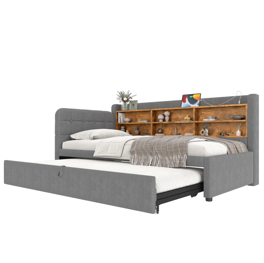 Letto 90x200 cm grigio – estraibile con USB e vani portaoggetti, senza materasso
