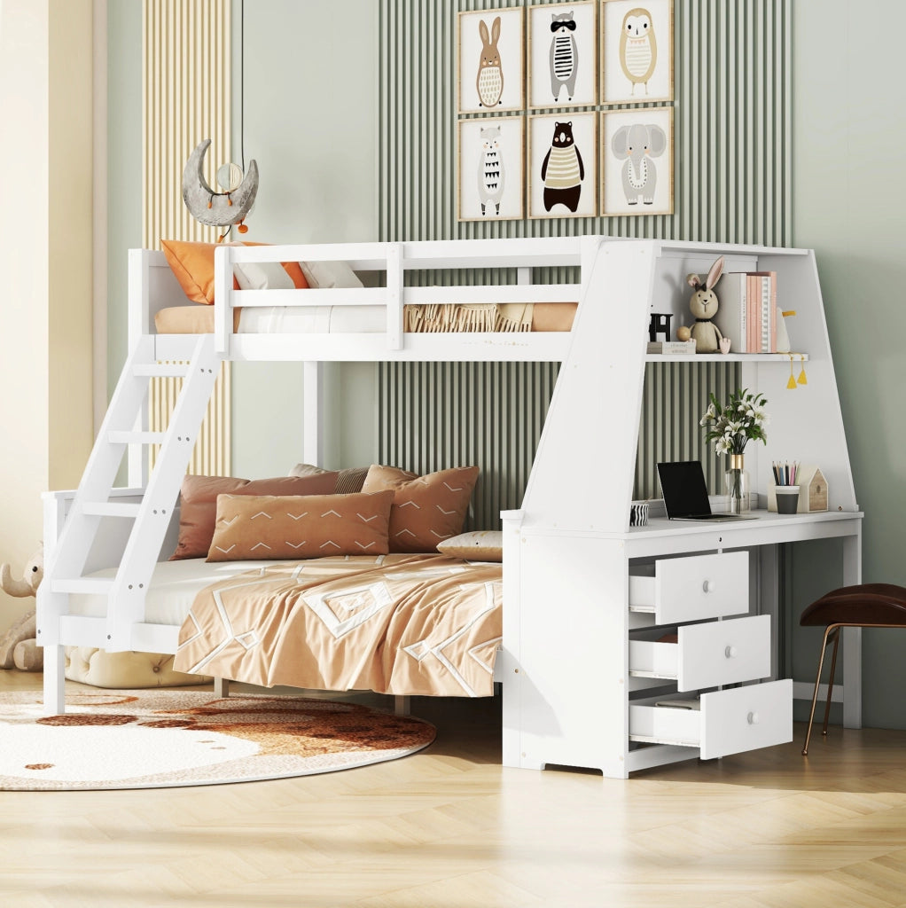 Letto a castello bambini 90x200/140x200 cm bianco con contenitore