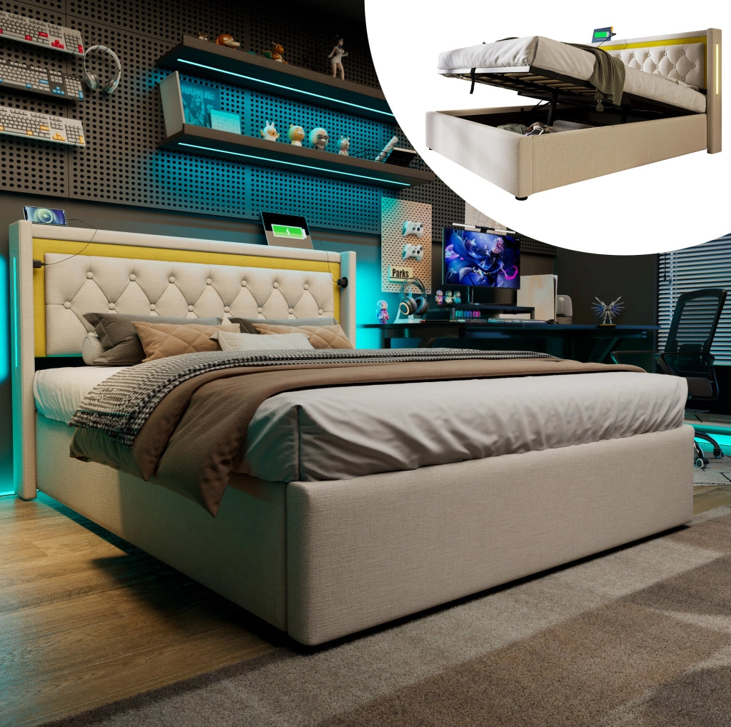 Letto contenitore 140x200 beige con LED, ricarica USB-C e rete a doghe