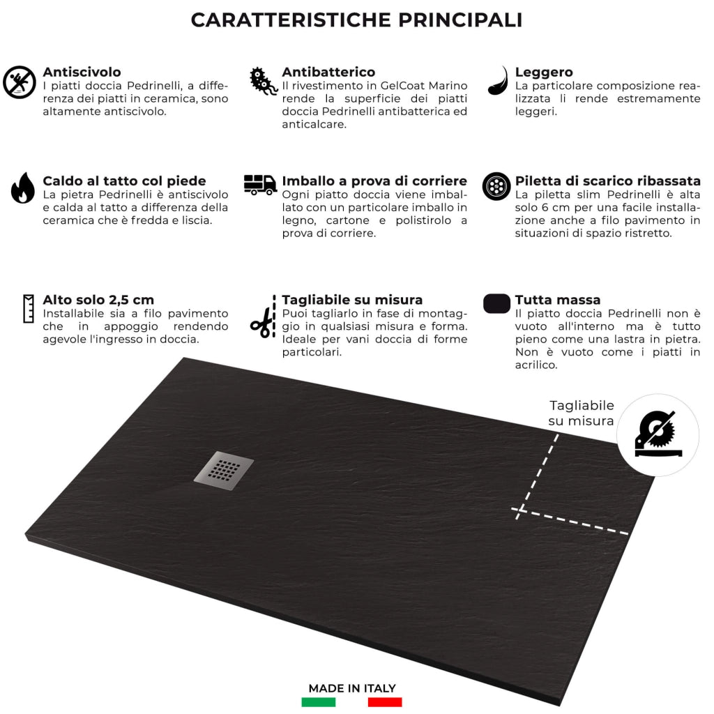 Piatto Doccia in Pietra 80x190 cm Pedrinelli Ardesia Stone Side Antracite