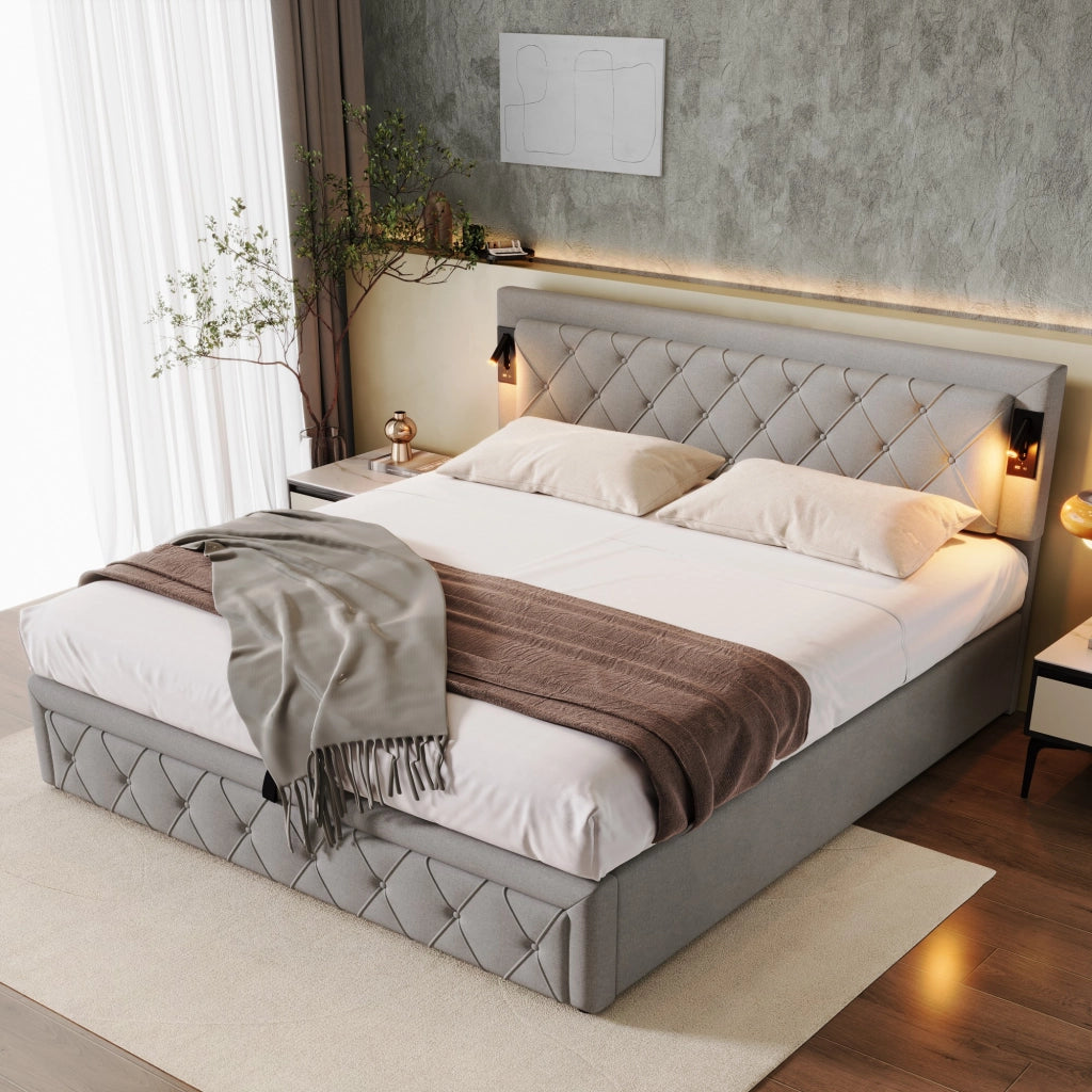 Letto contenitore idraulico imbottito in lino grigio con testiera trapuntata LED e porte USB