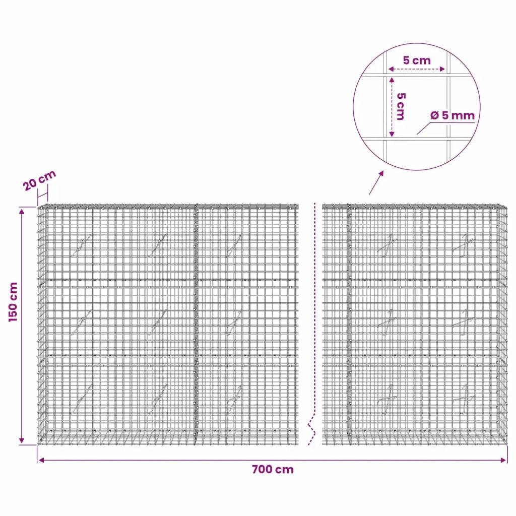 Gabione con filo da 5 mm e rete da 5x5 cm 700x20x150 cm 3464096