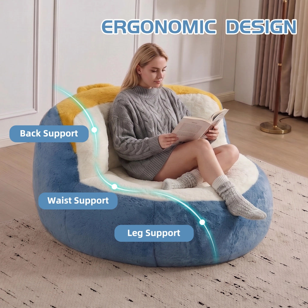 Poltrona pouf grande ergonomica con imbottitura in schiuma triturata e maniglia, in pelliccia sintetica multicolore