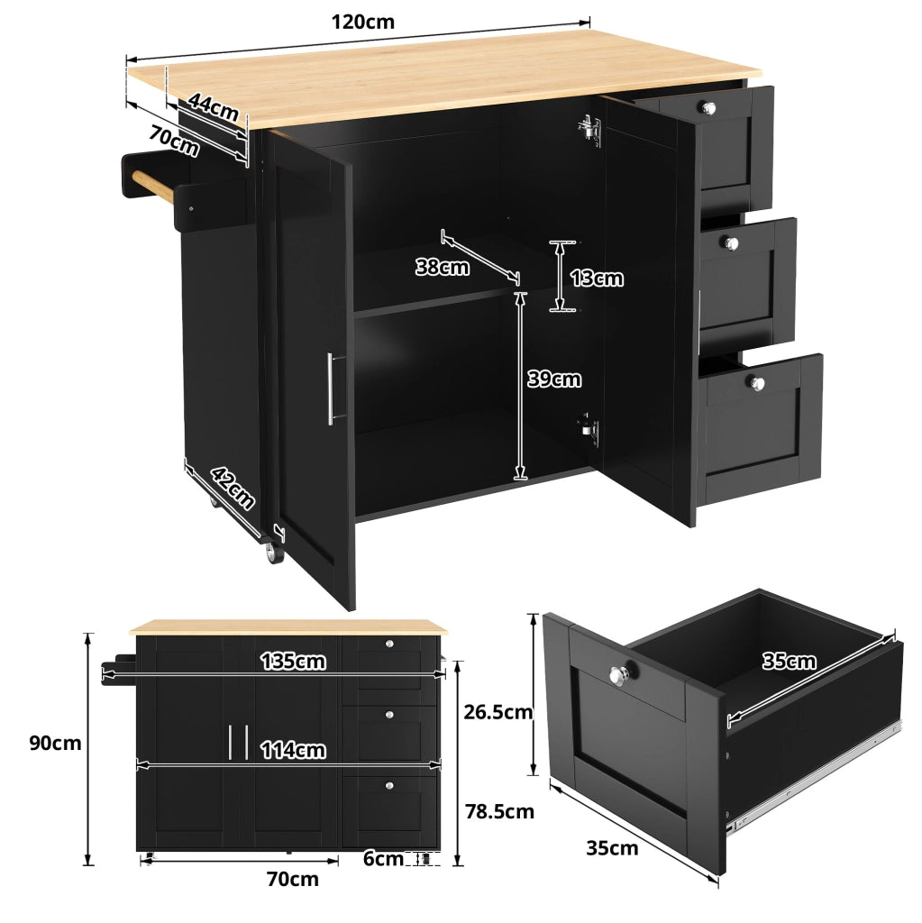 Carrello da cucina pieghevole con 3 cassetti e 2 ante; MDF; nero e naturale; 135 × 44/70 × 90 cm