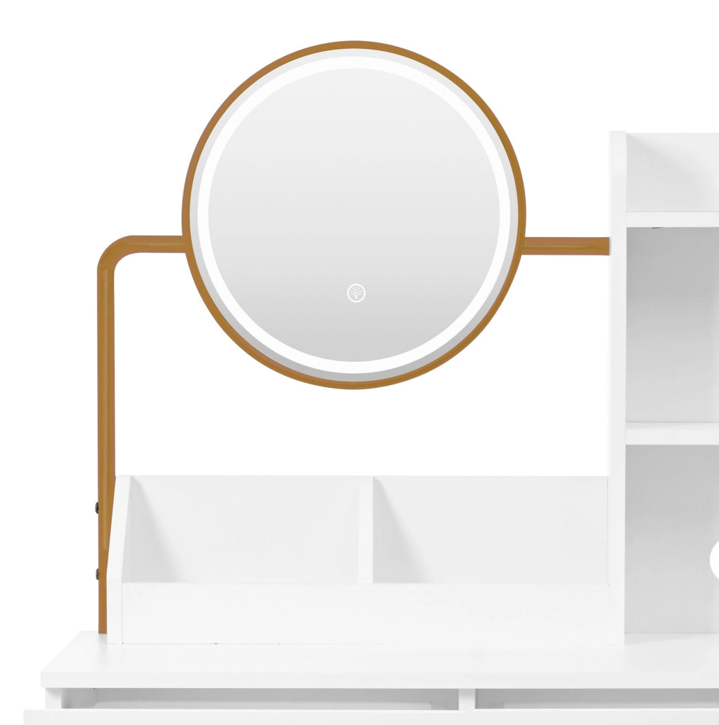 Toeletta bianca e oro con specchio LED, prese USB e sgabello
