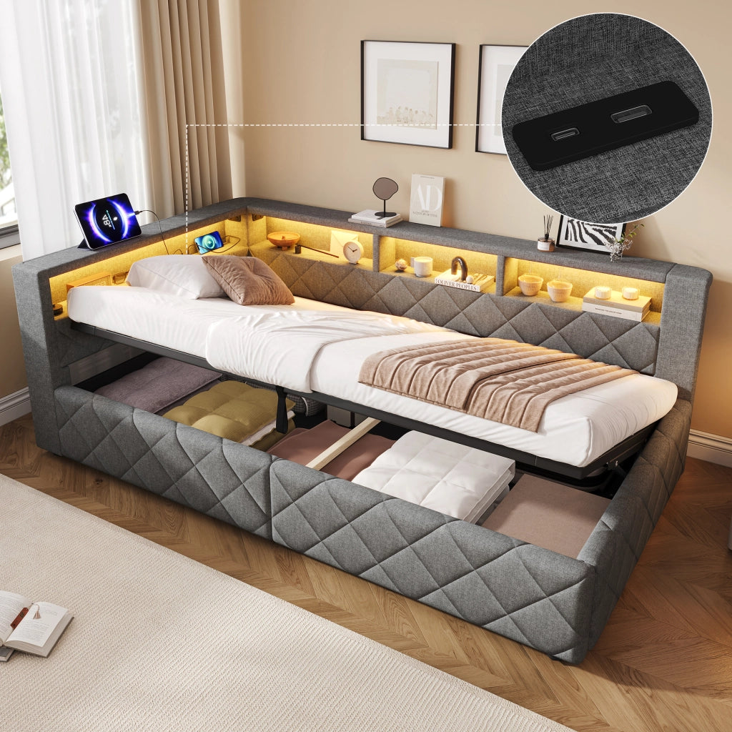 Letto da Giorno 90x200 cm in lino e MDF con Contenitore Idraulico; LED; USB-C Grigio