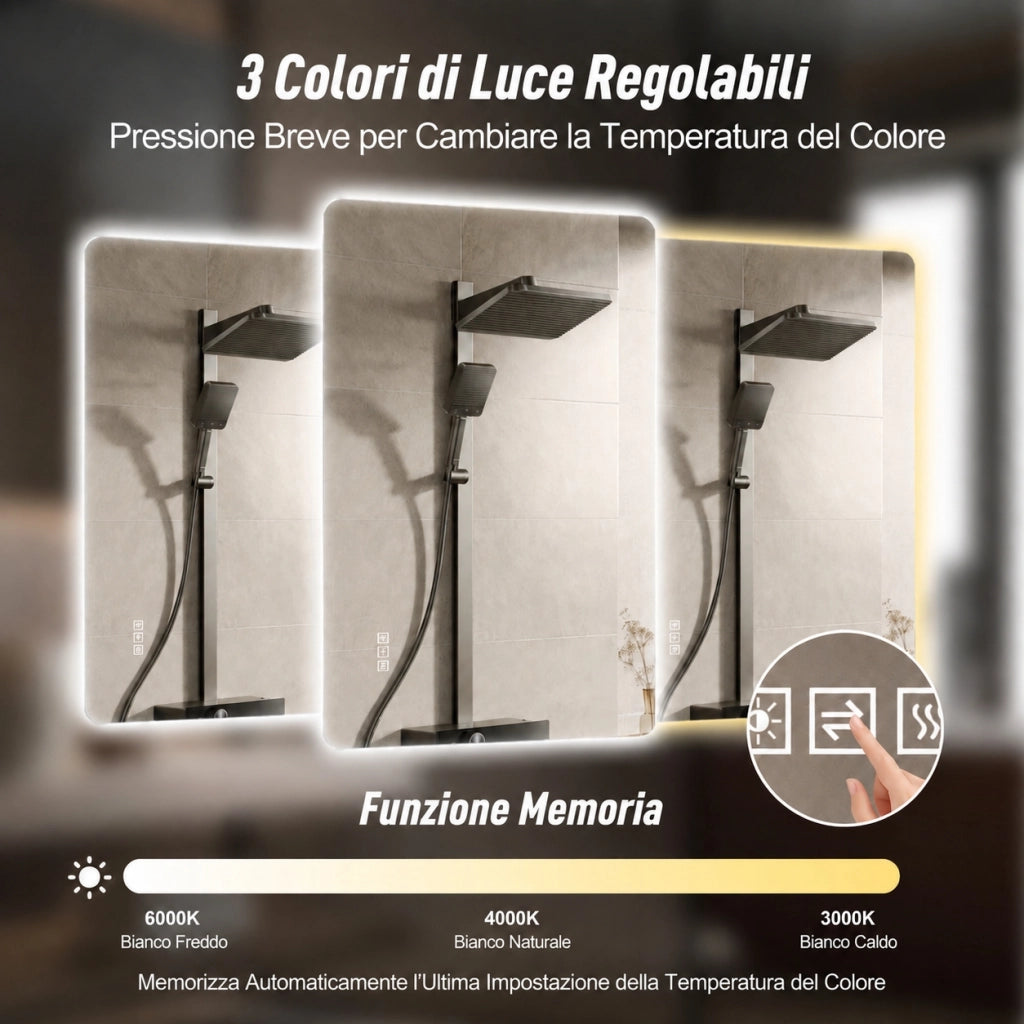 Specchio bagno led 60x100 specchio retroilluminato antiappannamento; luce dimmerabile 3 colori; vetro infrangibile; argento