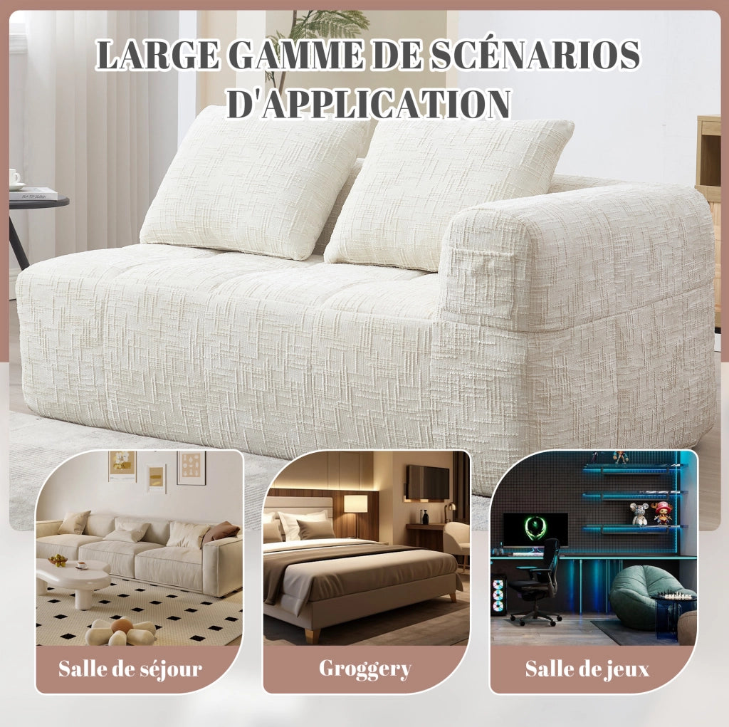 Divano 2 posti beige con chaise lounge, tessuto chenille, cuscino incluso e tasche laterali