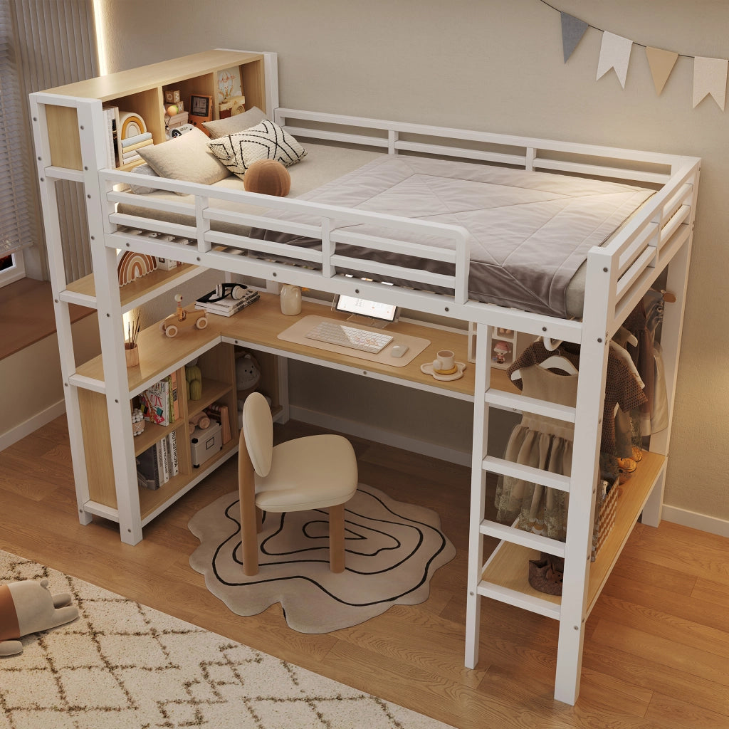 Letto a soppalco 90x200 cm per bambini con scrivania; appendiabiti e ripiani; metallo e MDF bianco