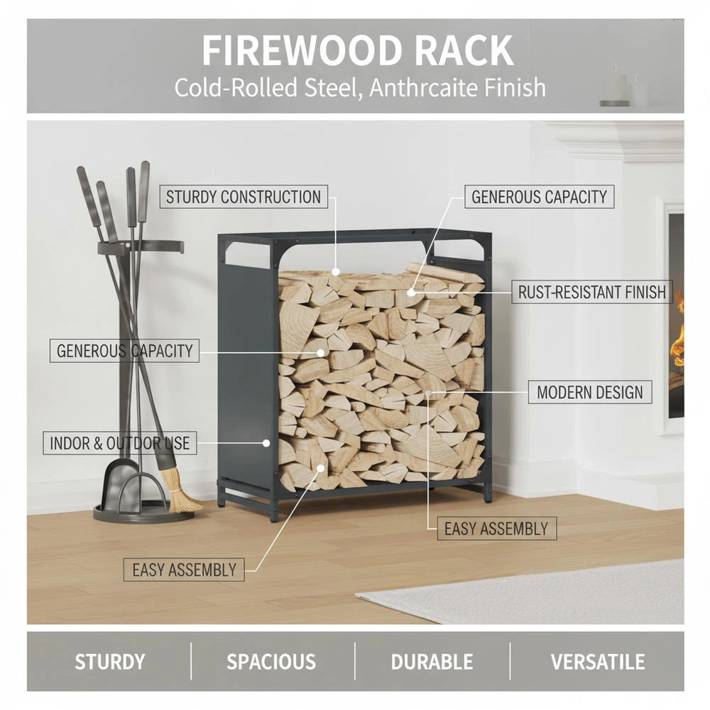 Porta legna antracite, 60x28x65 cm, in acciaio laminato a freddo – robusto e resistente, ideale per esterni, giardino e camino, pratico e durevole