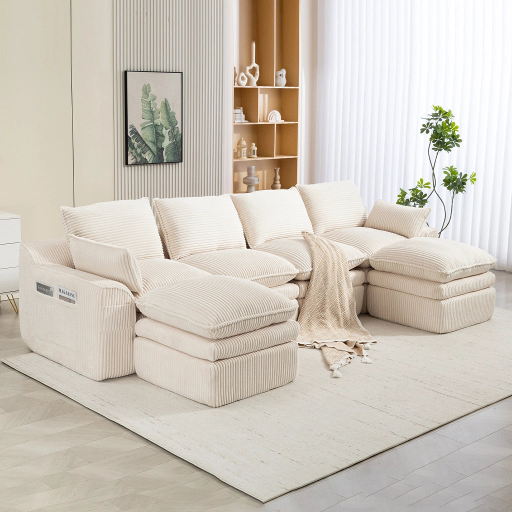 Divano modulare 4 posti con cuscini e tasche laterali; in corduroy beige