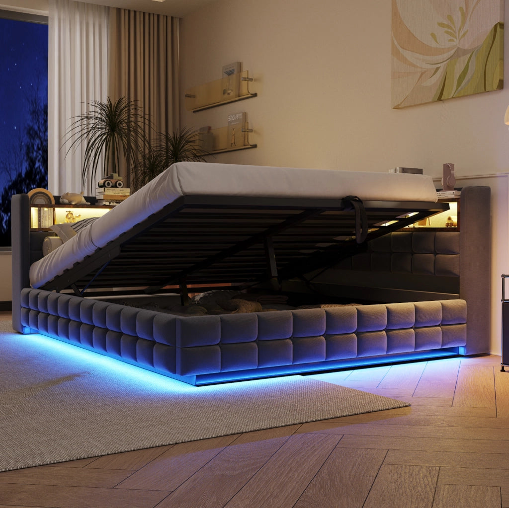 Divano letto imbottito 140x200 cm con contenitore; LED; prese USB e Type-C; grigio