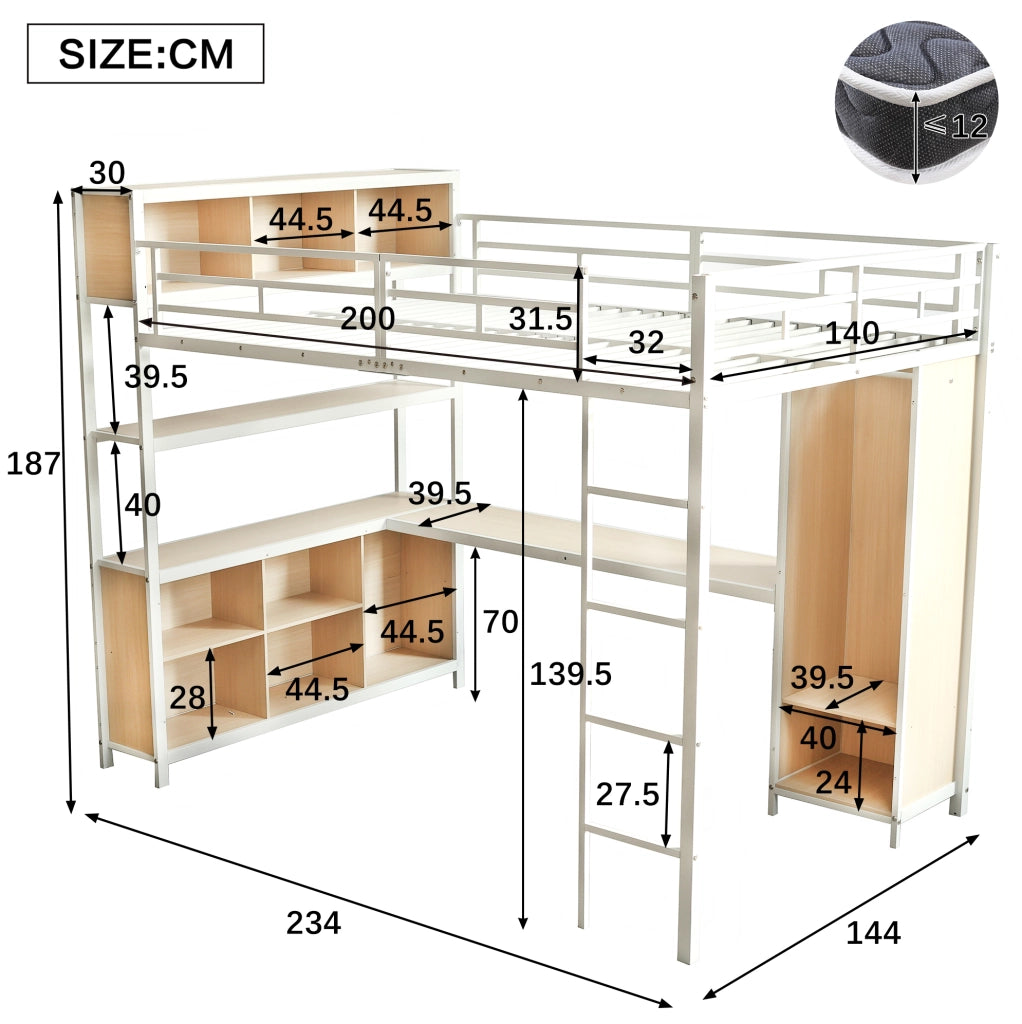 Letto soppalco 140x200 metallo， bianco， scrivania e contenitori， senza materasso