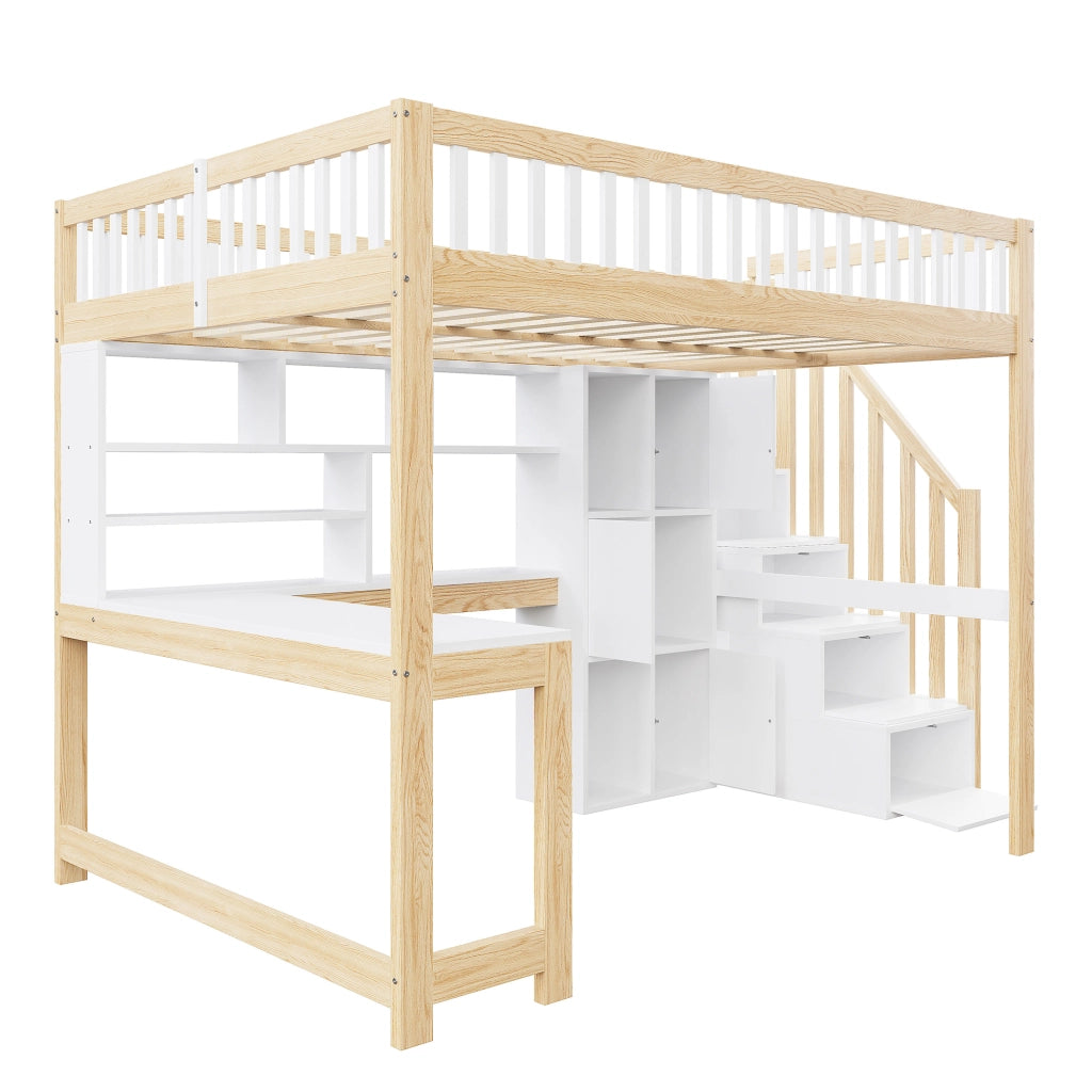Letto a castello 140x200 cm con LED, scala con ripiani, scaffali, scrivania, senza materasso - Bianco e Naturale
