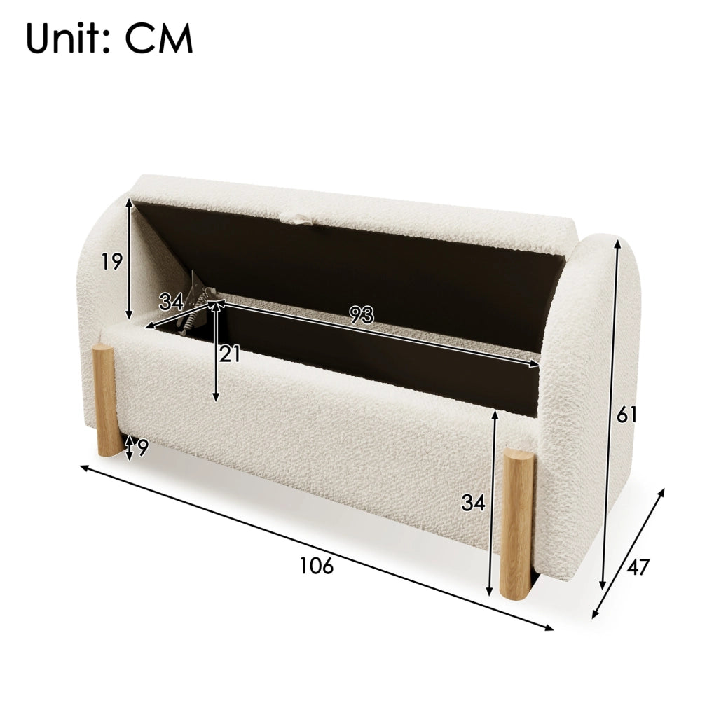Panca con contenitore idraulico 106 cm bianca in tessuto bouclé chenille con gambe a U in legno di gomma