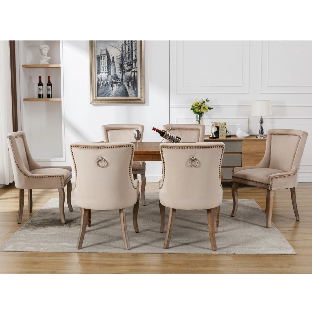 Sedia da Pranzo Imbottita con Gambe in Legno Massello e Velluto ¨C Xylo ¨C Beige, Set 6 Pezzi