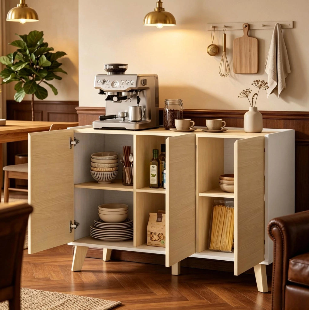 Buffet nordico con 3 porte e 6 scomparti, 120 x 35 x 73,5 cm, bianco e legno naturale
