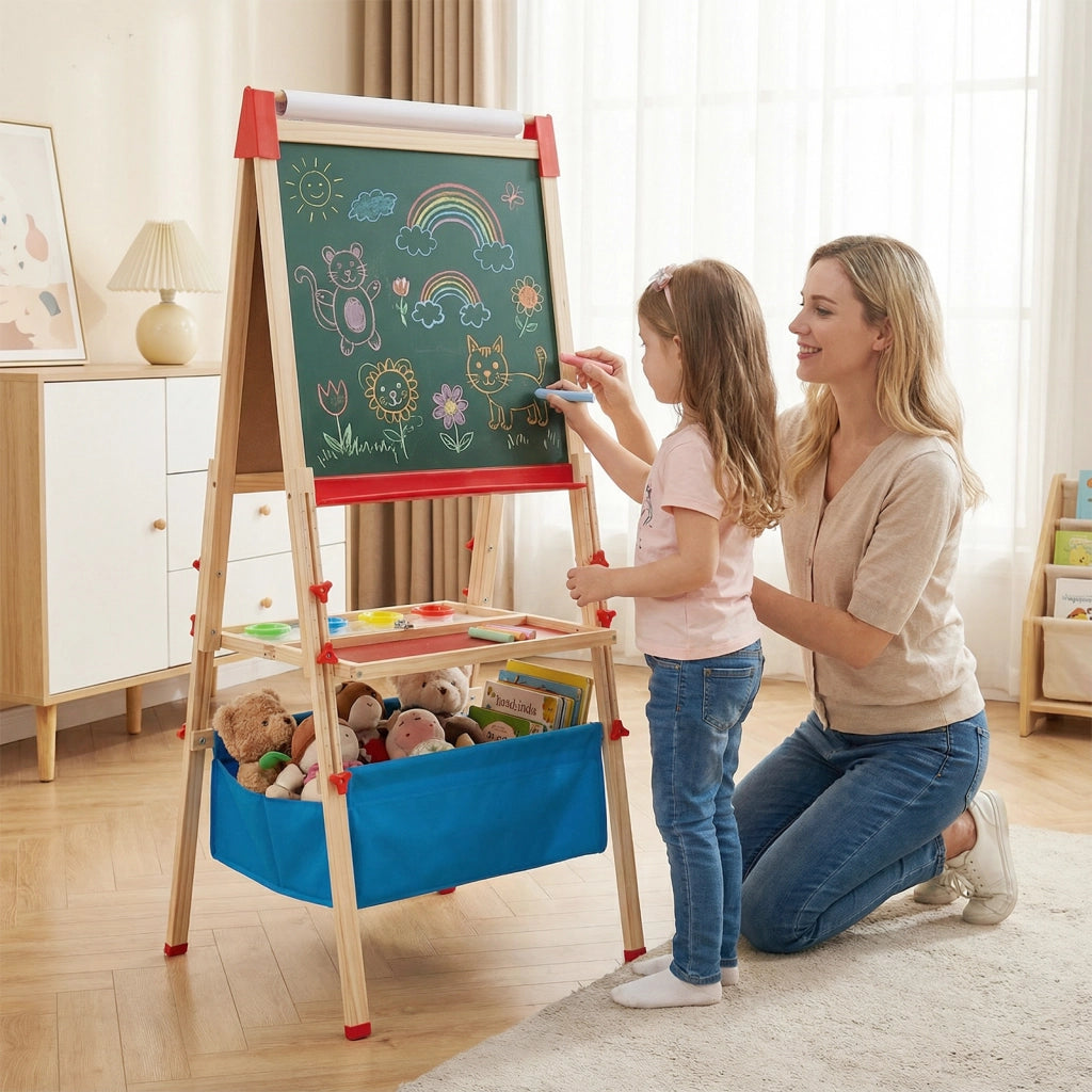 Cavalletto disegno regolabile per bambini doppia faccia pieghevole con rotolo di carta e accessori inclusi, Cavalletto creativo per ragazzi 3-15 anni