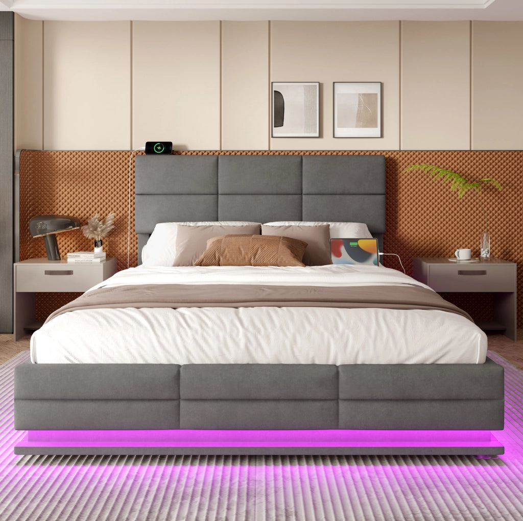 Letto contenitore 180x200 cm in velluto grigio con testiera regolabile; LED dimmerabile e USB