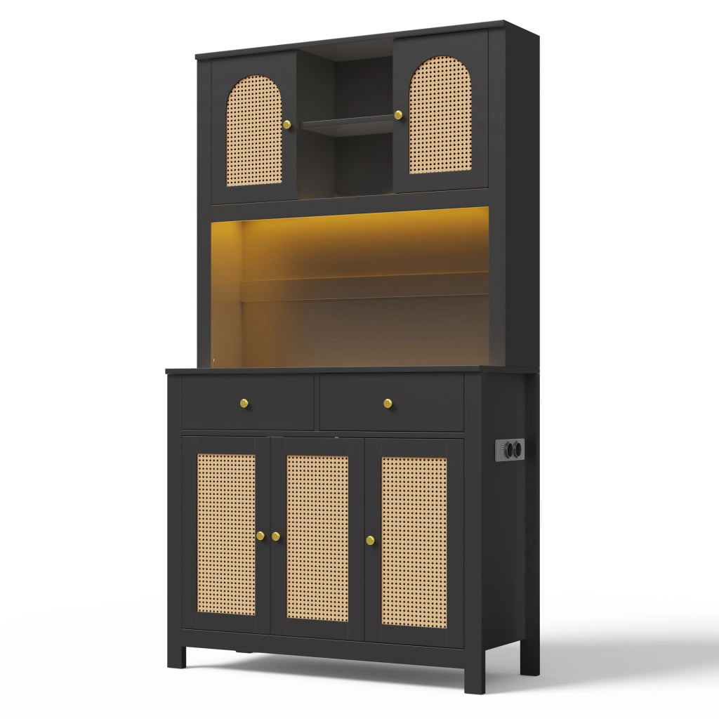 Mobile Dispensa 100x40x180 cm Nero con LED RGB App, 5 Ante Rattan, 2 Cassetti, 2 Prese e 2 USB