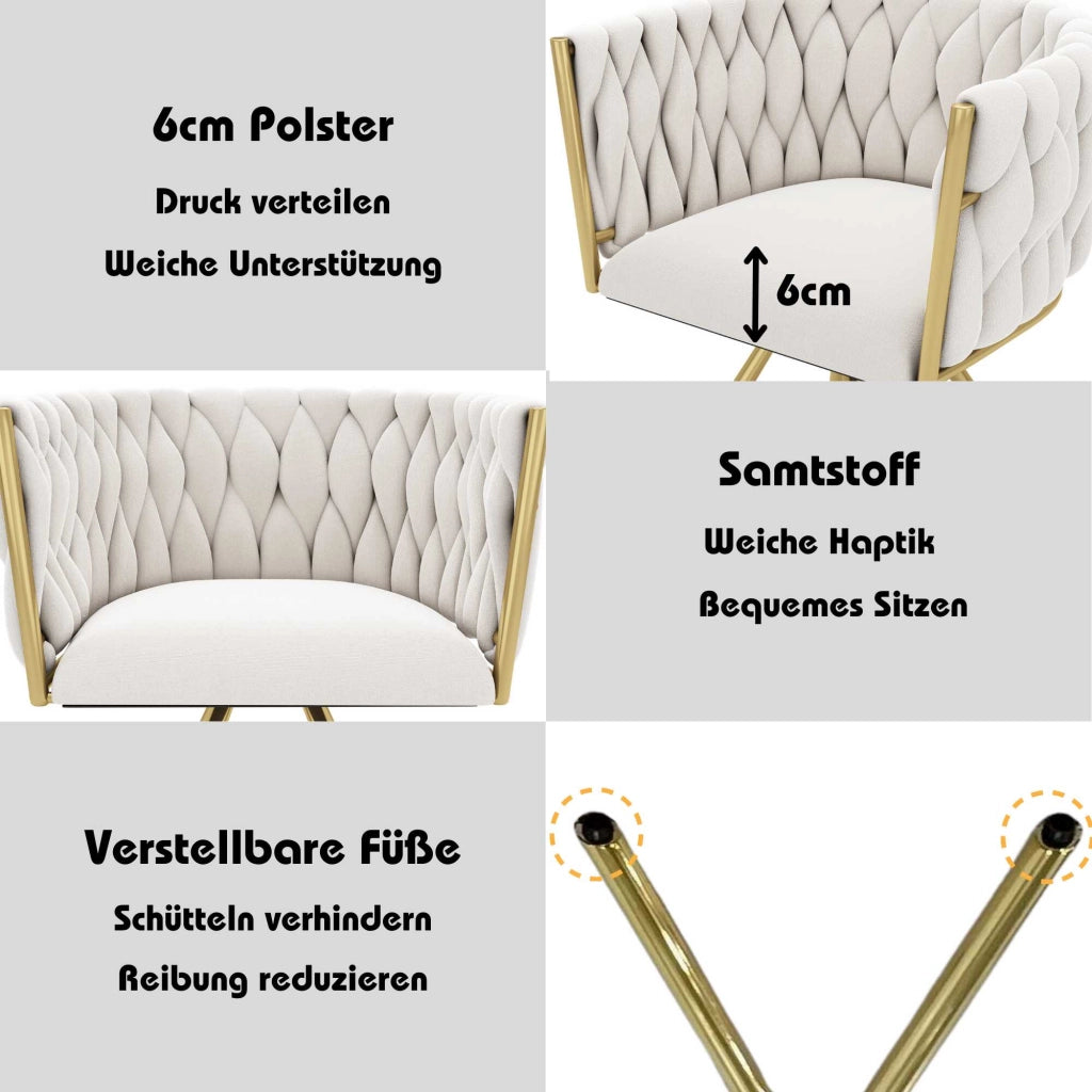 Set di 2 Sedie da Pranzo in Velluto; Girevoli; con Gambe in Metallo; Design Ergonomico; Beige E Oro