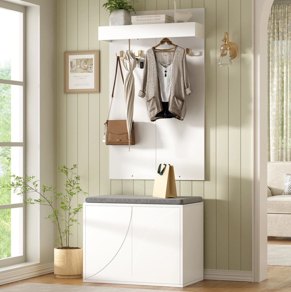 Set guardaroba 3 in 1 con appendiabiti, scarpiera a 2 ante e panca, bianco, 60x35x(45+100) cm