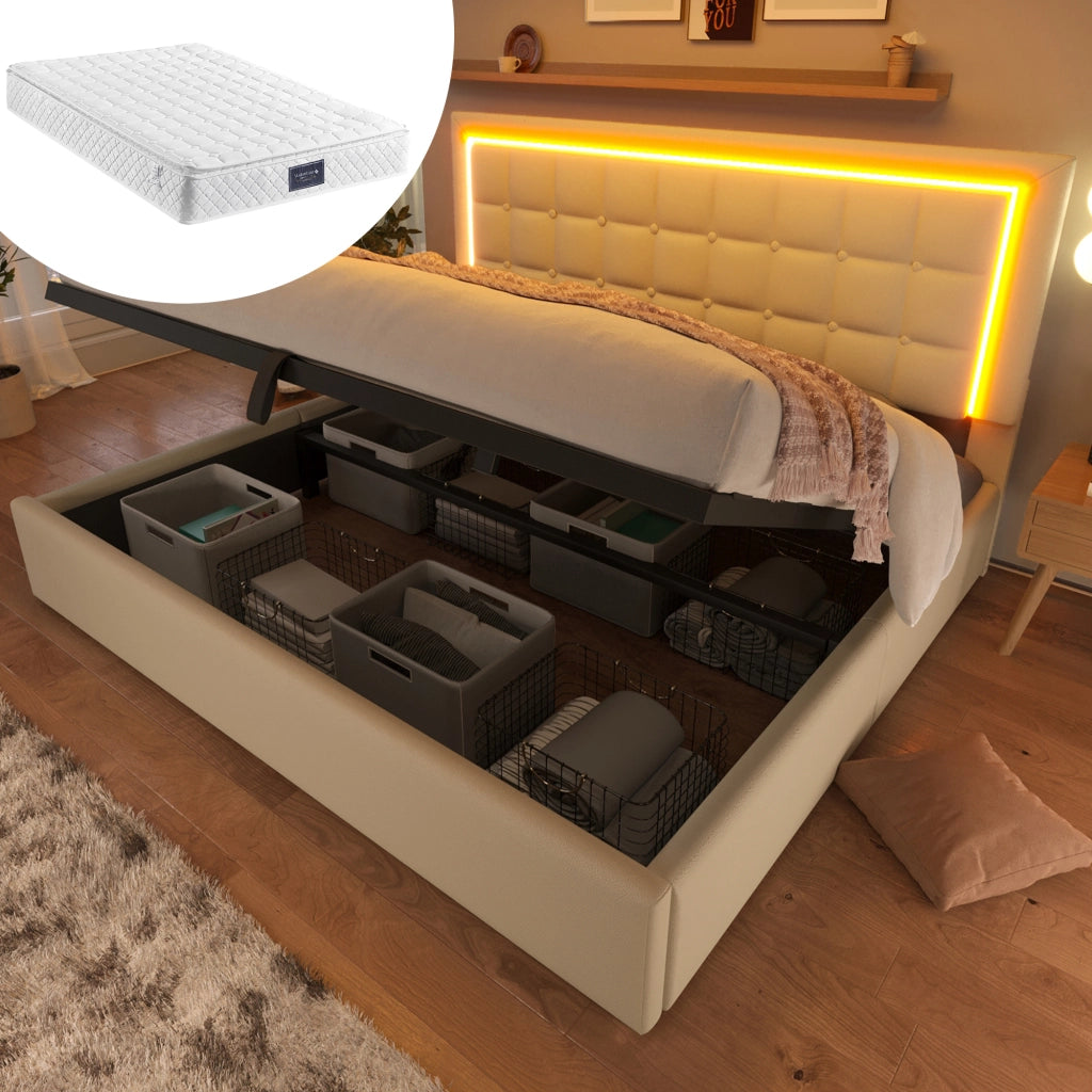 Letto matrimoniale contenitore 140x200 cm con materasso e LED; rivestimento in PU bianco
