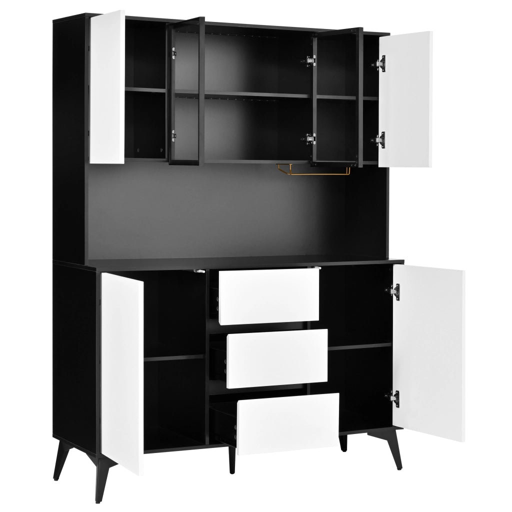 Credenza alta con vetrina LED regolabile tramite app; 6 ante; 3 cassetti; MDF nero e bianco 120 × 40 × 160 cm