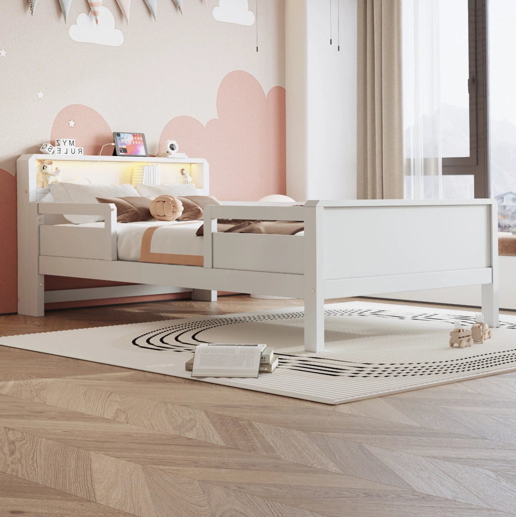 Letto singolo per bambini 90x200 in legno bianco con LED， presa USB e Type-C， senza materasso