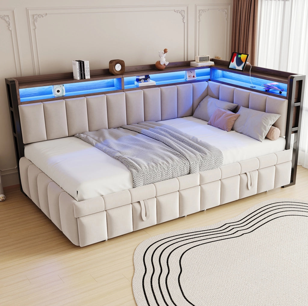 Divano letto estraibile 90x200 cm con LED, USB e USB-C in velluto beige