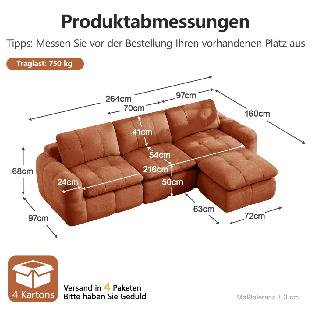 Divano modulare ad angolo a 3 posti in tessuto Chenille arancione con imbottitura in schiuma ad alta densità 32D, incluso pouf, senza montaggio