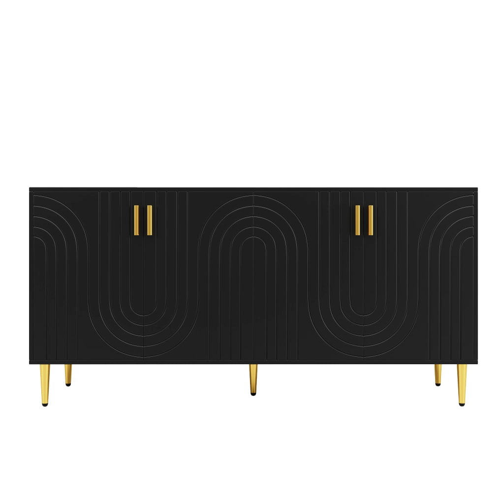 Credenza con 4 ante, 2 cassetti e vani contenitore, frontali ondulati per soggiorno, in MDF nero, 152 × 40 × 75 cm