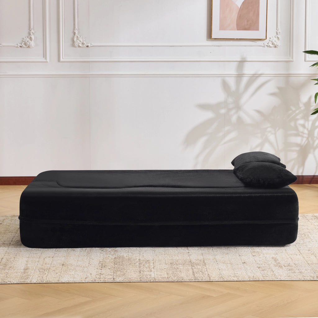 Divano letto pieghevole 2 in 1 in schiuma ad alta densità nero con 2 cuscini e rivestimento in peluche corto