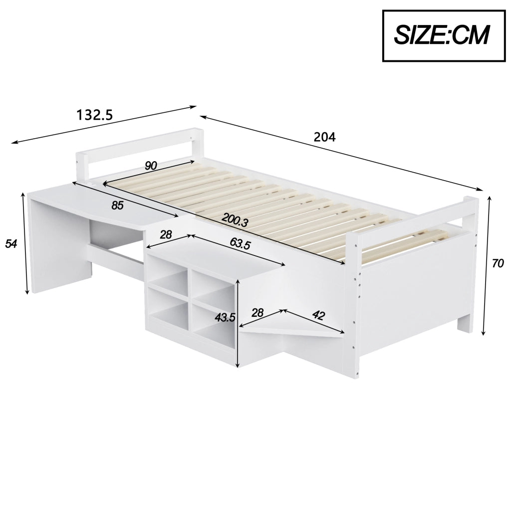 Letto per bambini in legno 90 x 200 cm con scomparti e scrivania con prese standard europeo, letto singolo - Bianco