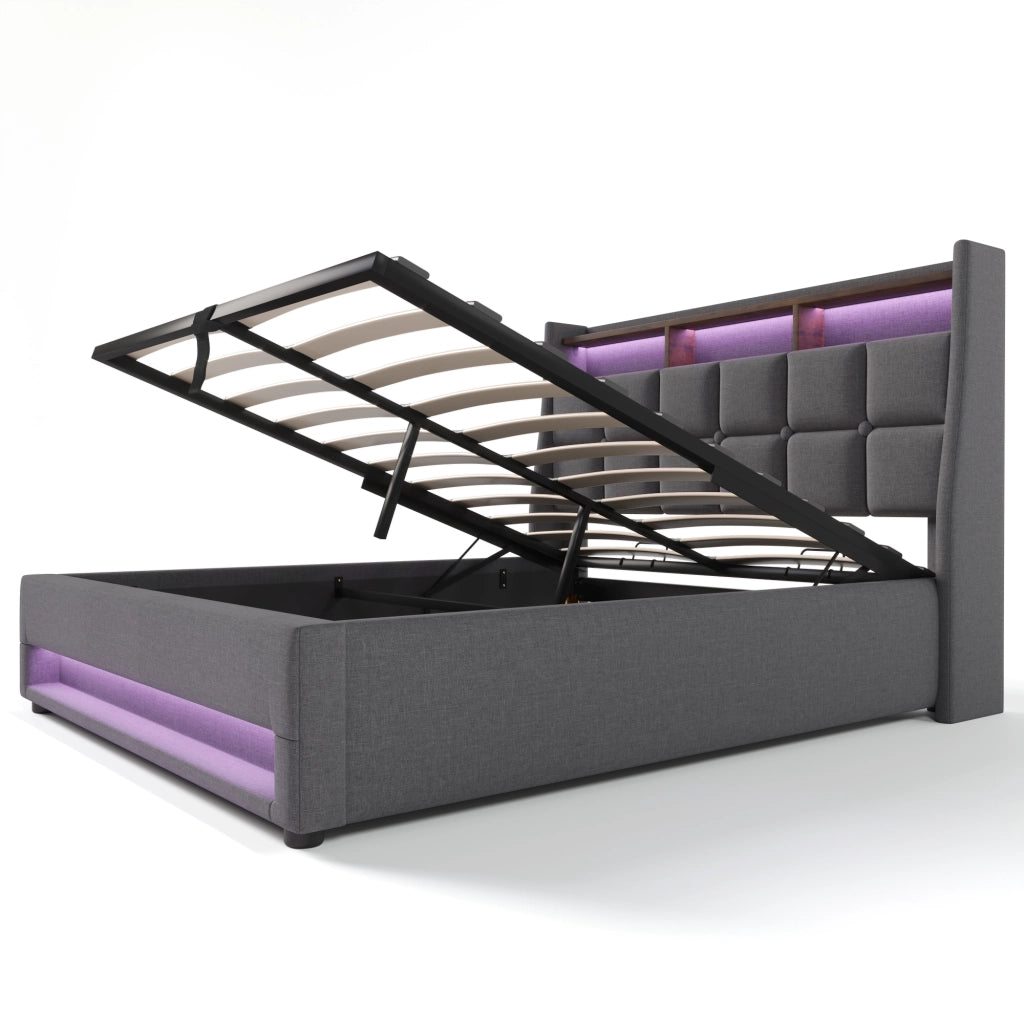 Letto Matrimoniale Imbottito 160x200 cm con LED; USB; Contenitore Idraulico e Rete a Doghe; Tessuto di Lino Grigio