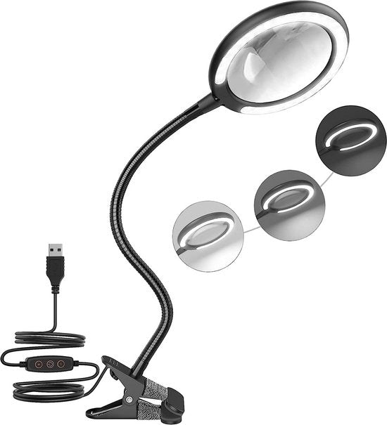 Lampada a LED con ingrandimento 3x - Dimmabile - Testa flessibile - Lampada da ufficio - Lampada da tavolo - Lampada da lavoro a filo - Lampada da lettura - Pannellamento con diamanti - Pannellamento con fili - Saldatura - inclusa presa USB