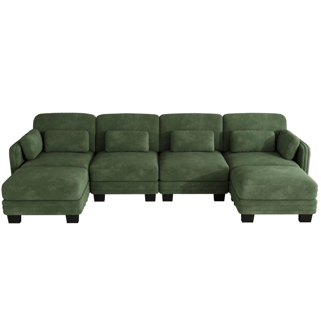 Divano modulare a U in chenille verde, 330x143x88 cm, con cuscini mobili e pouf